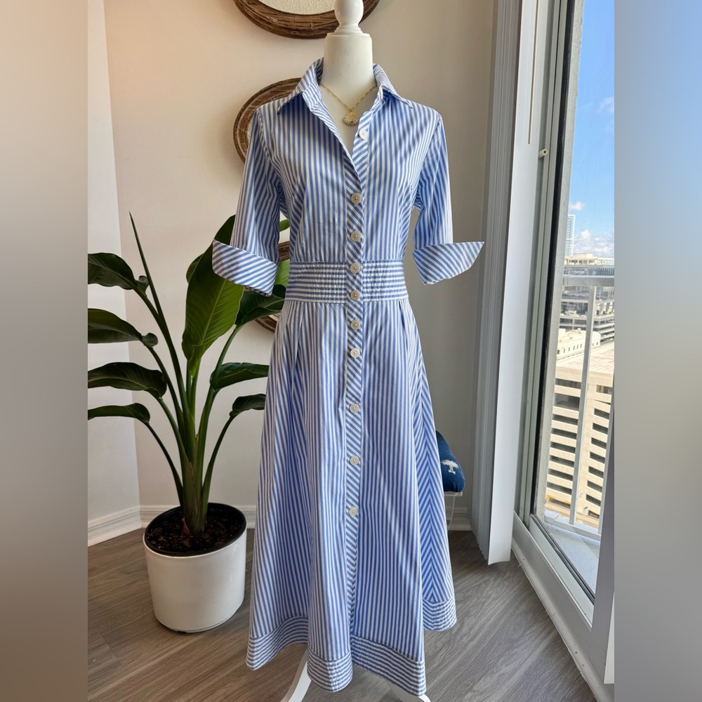 CK Bradley Blue Striped Midi Shirt Dress - Classic Button-Front